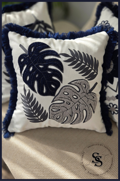 Beauty Flowers Punch Embroidered Patterned Linen Cushion Cover
