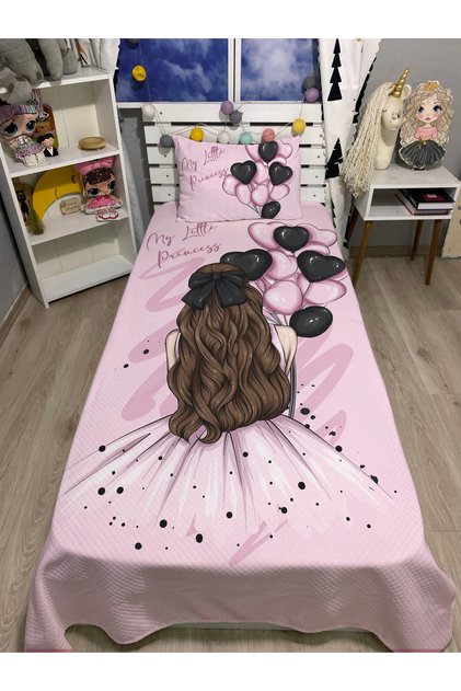 Pink Balloon Girl Patterned Single Pique and Pillowcase Bedspread Set