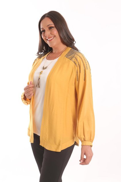 Trend42plus Büyük Beden Robası Taş Baskılı Oversize Hardal Ceket