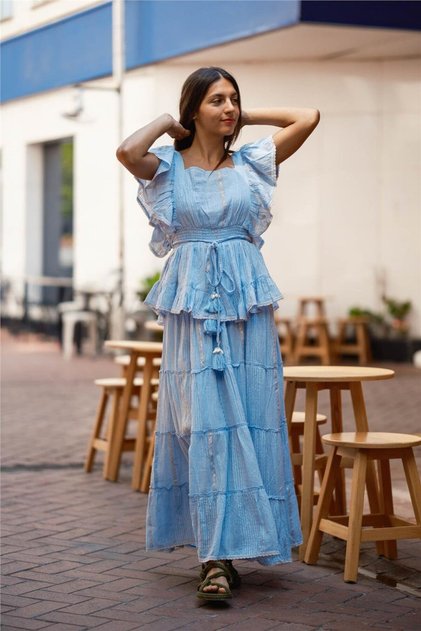 Blue Color Glitter and Seashell Detailed Skirt Blouse Set
