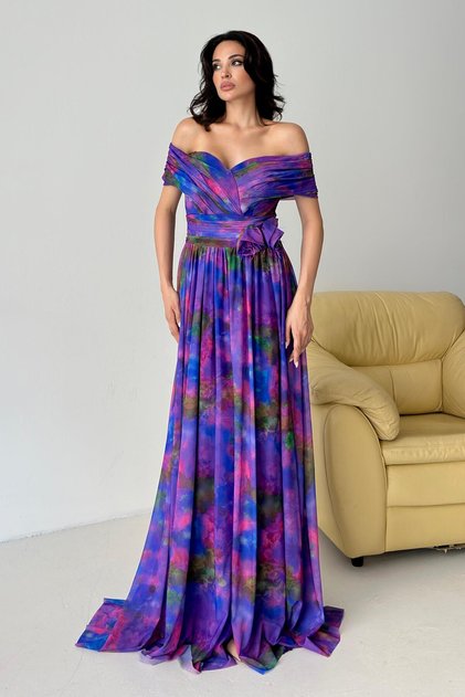 Purple Boat Neck Patterned Tulle Evening Dress