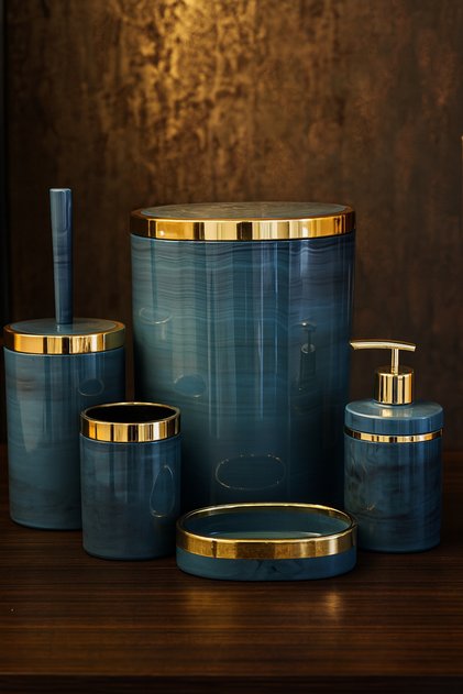 5 Piece Acrylic Bathroom Set, Stylish and High Quality Acrylic, Gold Color Detail, Green Marble Pattern