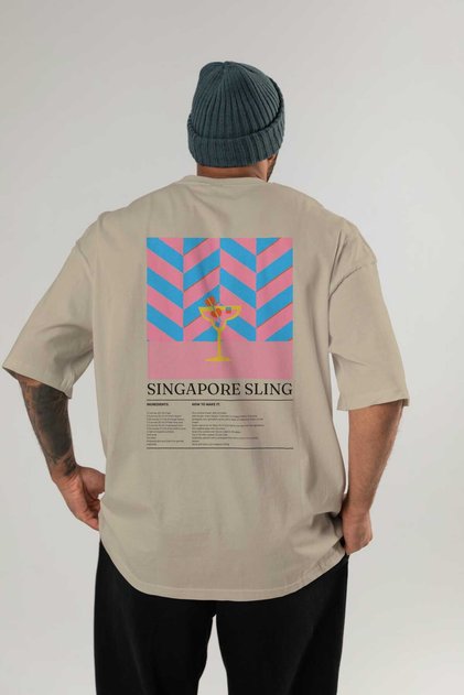 Singapore Sling Cocktail Back Printed Beige Oversize T-Shirt Men Women Cotton Crew Neck Tshirt
