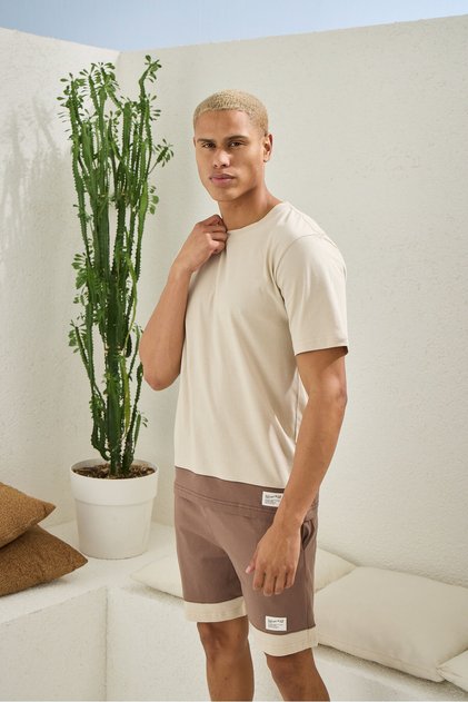 Men's Short Sleeve O Neck 100% Cotton Shorts Pajamas Set