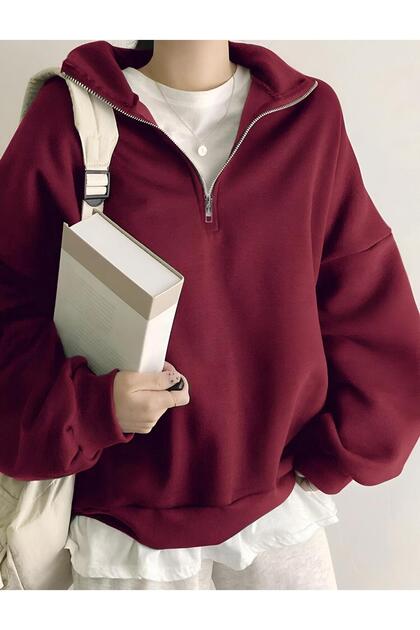 Kadın Bordo Yarım Fermuarlı Dik Yaka Sweatshirt