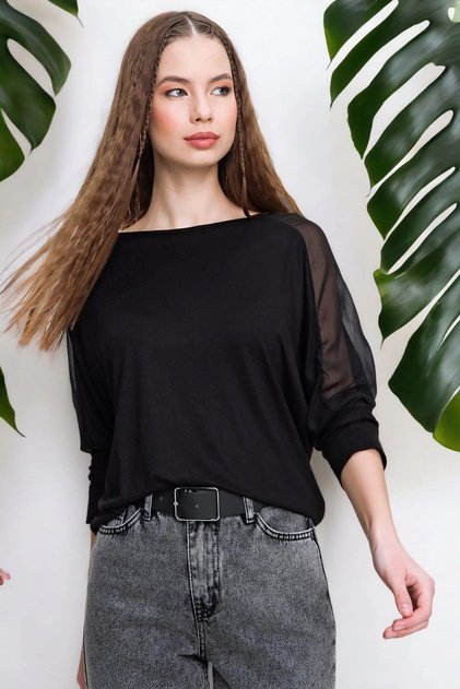 Women's Black Garnished Tulle Lace Detailed Long Sleeve Blouse (Straight Cut, Standard Size)