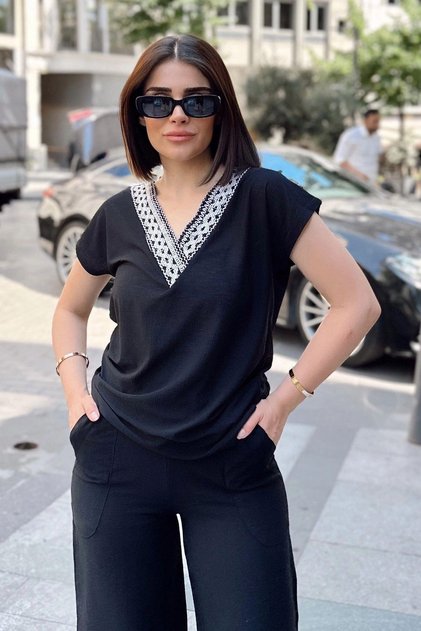Black V-Neck, Short Sleeve, Self-Textured Fabric, Loose & Comfortable Fit/Cut, Garnished Blouse & T-Shirt