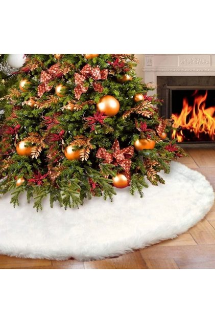 Fustă de covor albă din blană pentru brad de Crăciun, diametru 120 cm, pufoasă, aspect de zăpadă.