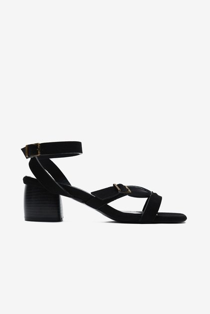 Florante Black Suede Women's Shoes with Ankle Strap Detail, Pack of Block Heel
