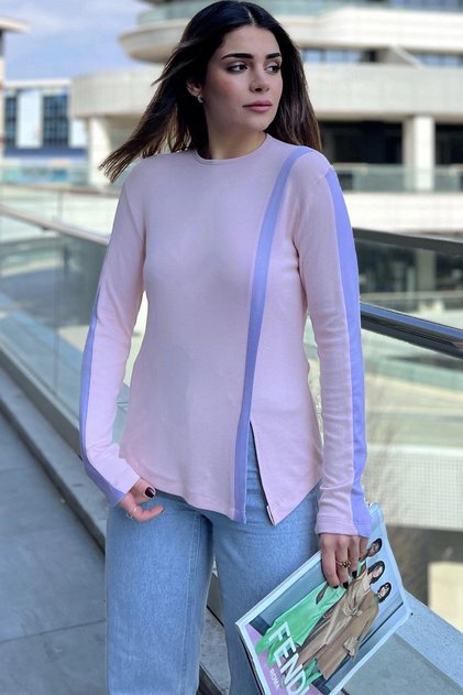 Women's Pink Round Neck, Long Sleeve, Stripe Detailed, Slit Comfortable Blouse