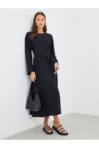 Crinkled Long Sleeve A-Line Midi Dress with Pockets