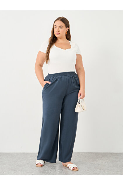 Plus Charcoal Linen Look Pants with Side Pocket