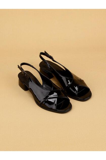 Keiry Shiny Patent Leather Black Slingback Back Tie Heels Black Women's Sandals