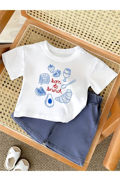 Boy's Brunch Printed Combed Cotton 2-Piece Bottom Top Elastic Waist Sulfur Denim Shorts T-Shirt Set