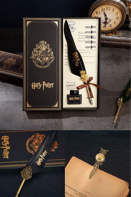 Zarif Şık Tasarımlı Hogwarts Amblemli Harry Potter Tüylü Mürekkepli Divit Kalem Set Hediyelik Kalem