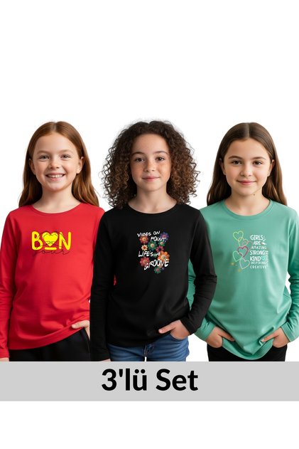 3-Piece Round Neck Printed Detail Girl's Sweatshirt