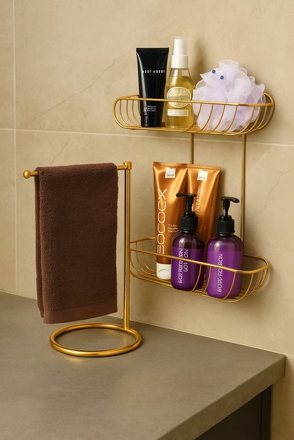 Shiny Gold Bathroom Organizer Set Towel Rack 2-Tier Shampoo Holder Shelf