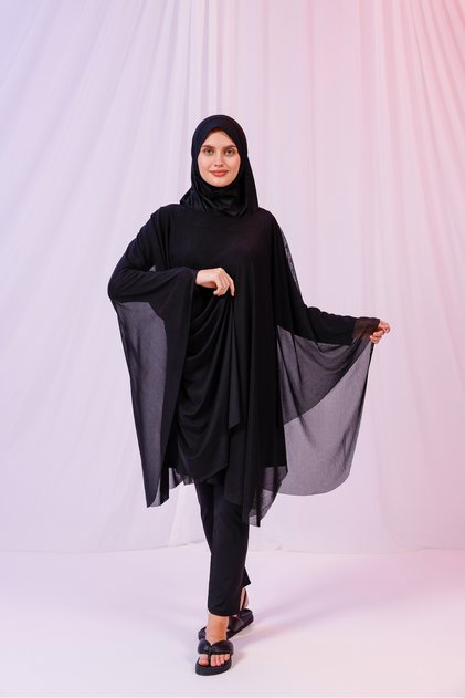 كيمونو باريو قصير - باريو حجاب - تول ليكرا مرن أسود 180x135 سم