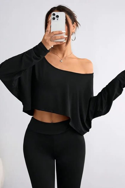 Siyah Kadın Düşük Omuz Kayık Yaka Oversize Uzun Kollu Crop T-Shirt
