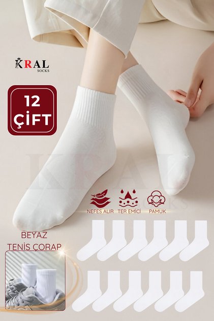12 Çift Unisex Pamuklu Beyaz Tenis Kolej Spor Çorap