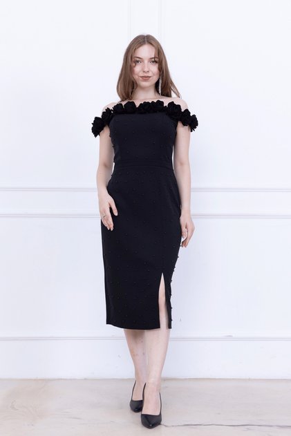 Atlas Floral Pearl Detailed Pencil Long Dress - Black