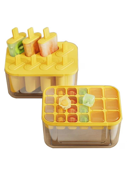 Set 2 forme pentru inghetata si cuburi de gheata, 17.5 x 12.3 x 9.5 cm, plastic, galben, transparent