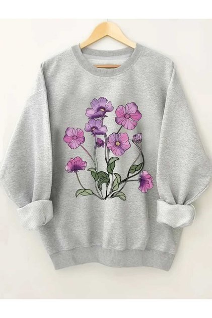 Purple Violet Printed Crew Neck Gray Sweatshirt