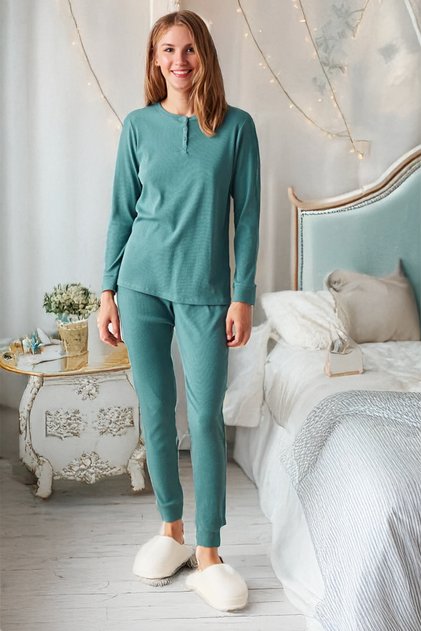 Women's Ribbed Home Wear Set – Buttoned, Green, Stretchy Fabric