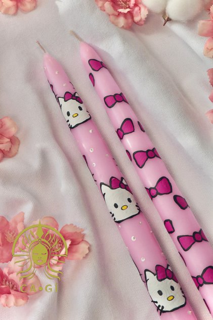 %100 El Yapımı Hello Kitty / Kurdele Desenli / Hediyelik 2Li Şamdan Mum Seti | Kutulu Gönderim