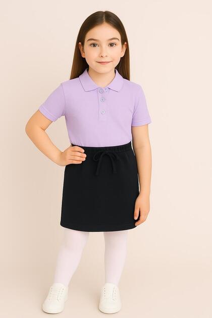 Black Ribbed Waist Shorts Skirt Lila Polo Collar Short Sleeves