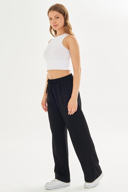 Women's Modal Fabric Comfortable Fit Wide Leg Sweatpants Black 8101-S