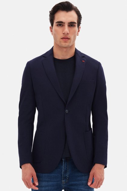 Slim Fit Navy Blue Plain Fabric Jacket