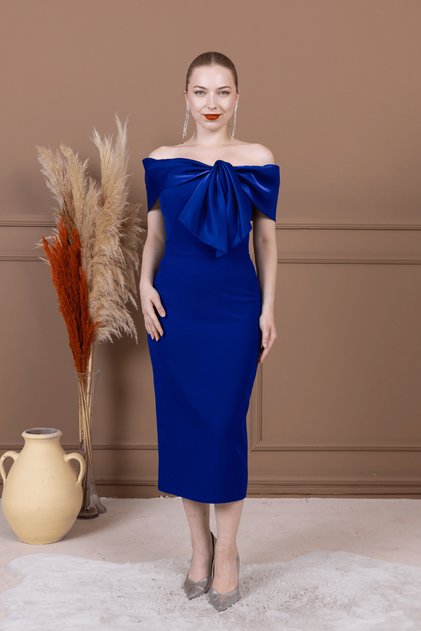 Atlas Fabric Collar Ribbon Detailed Pencil Dress - Cobalt Blue