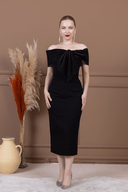 Atlas Collar Ribbon Detailed Pencil Long Dress - Black