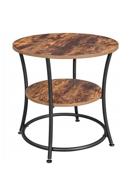 Masă laterală rotundă, noptieră, cu 2 rafturi, cadru din oțel, 55x55cm, maro rustic