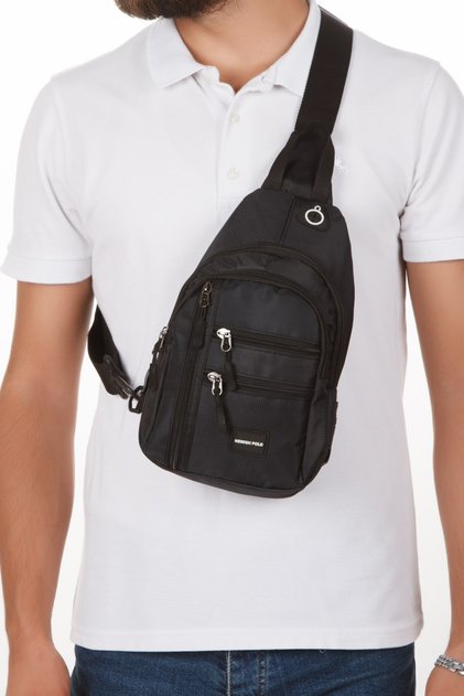 Men's Fabric USB Headphone Outlet Bodybag Chest and Shoulder Bag - Black - White