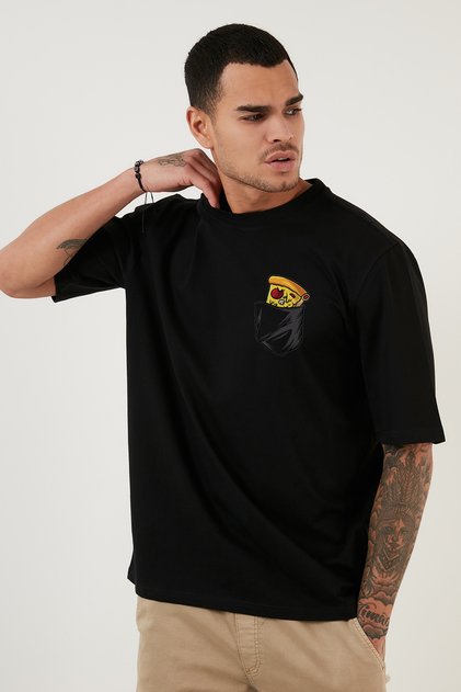 Men's Unisex Oversize T-Shirt Pizza Pocket Minimal Design Printed Short Sleeve Combed Cotton Summer T-Shirt