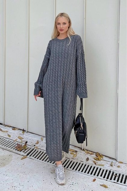 Women's Crew Neck Hair Braided Knitwear Midi Dress