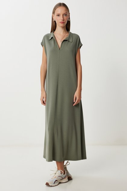 Polo Collar Knitted Dress with Pockets Ldz0038 Khaki