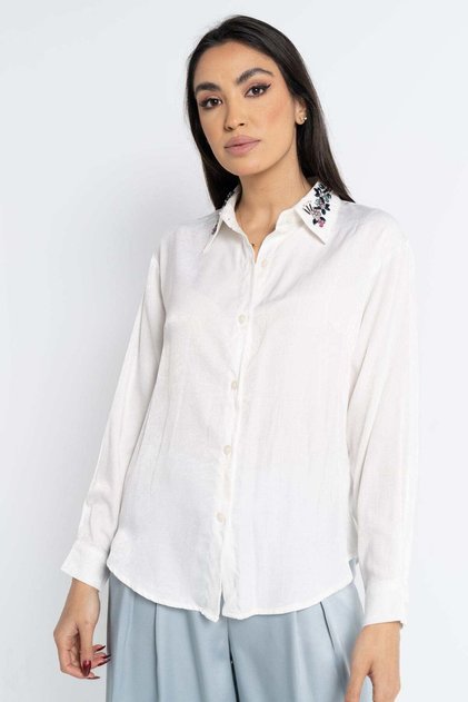 Embroidered Collar Long Sleeve Solid Women's Shirt
