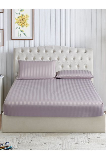 Striped Fitted Sheet Set 150x200 cm Queen – 1 Fitted Sheet + 2 Pillowcases, 30cm Deep