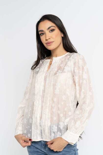 Transparent Long Sleeve Women's Blouse with Floral Embroidery