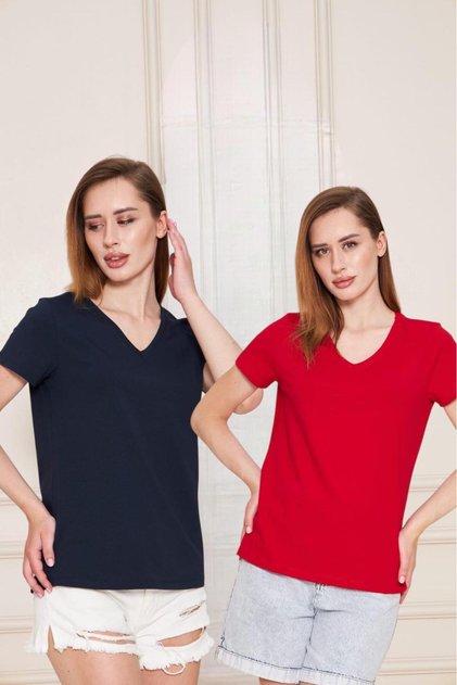 v yaka kısa kol t shirt lacivert ve kırmızı