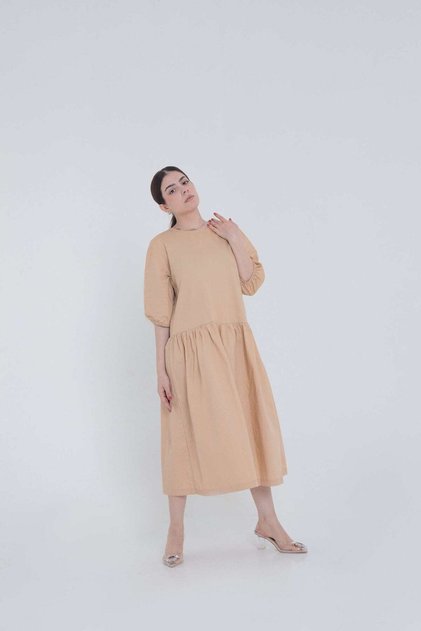 Women's Loose Plain Midi Dress with Short Puff Sleeves