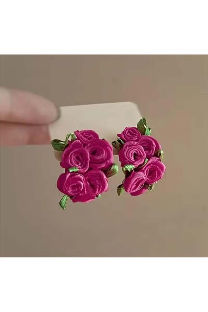 Fuchsia Fabric Flower Embroidered Earrings