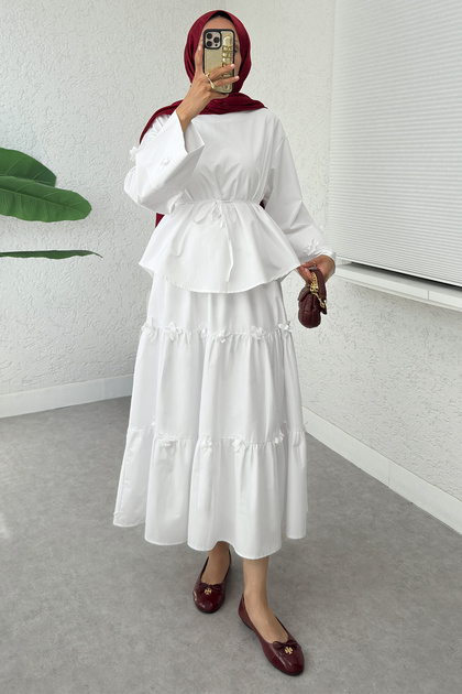 Flower Detailed Skirt Suit 2372 - White