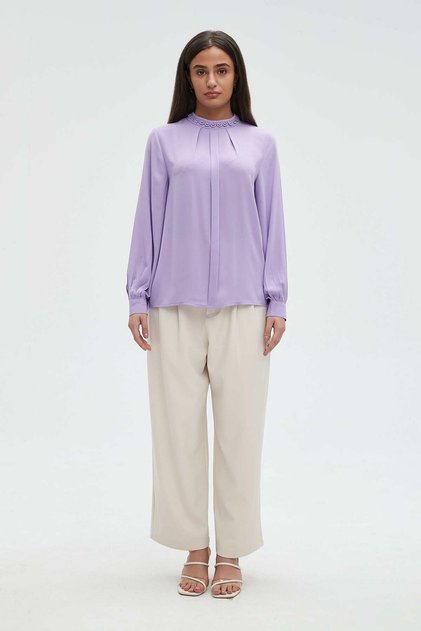 Women's Long Sleeve Blouse with Neck Embroidery