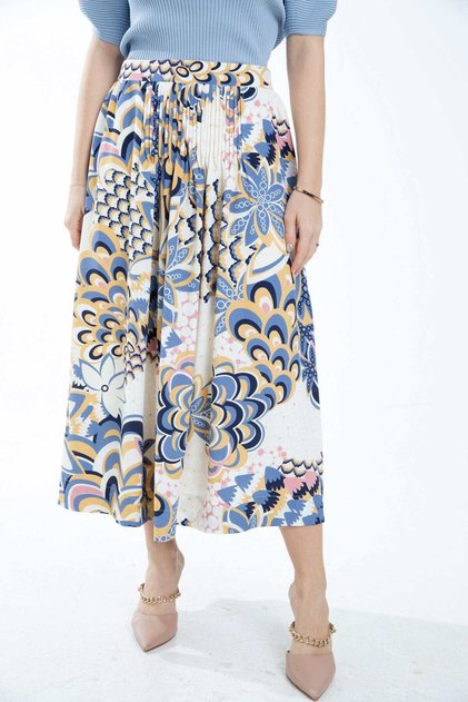 Floral Midi Skirt with High Waist and Pleats