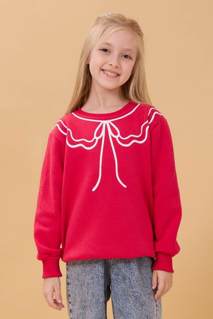 Girl's Crew Neck Printed Hooded Winter Sweatshirt - Fuchsia