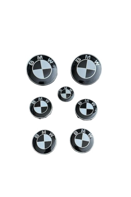 Set Complet 7 Embleme Logo Compatibile BMW capota/portbagaj 82 mm, capace jante 56mm, sigla volan 44